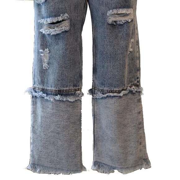 High Rise  Patchwork Wide Leg Colorblock Distressed Denim Cropped Ankle Jeans S - Picture 2 of 16